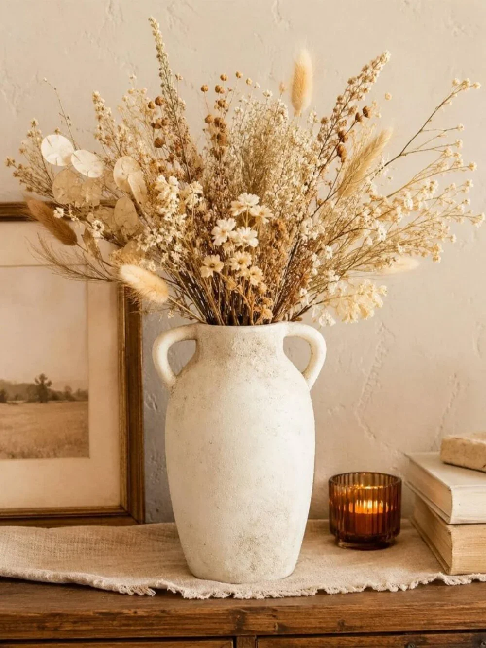 Rustic 9.8-Inch Beige Ceramic Vase with Handles - Farmhouse Decor Accent